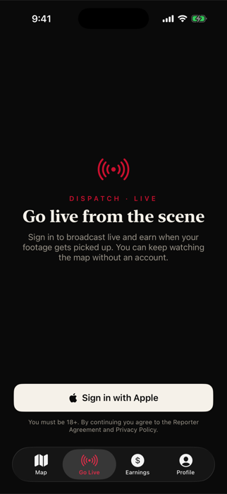 Dispatch Live's Go Live screen, the camera app that puts a real pin on The Dispatch's live map